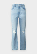 Hellblaue Jeans aus Denim mit hoher Taille, geradem Beinverlauf und verwaschenen Details mit Rissen an den Knien.