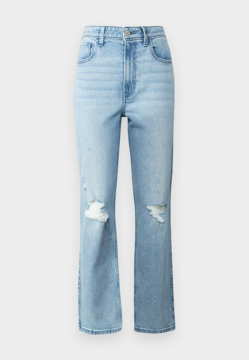 Hellblaue Jeans aus Denim mit hoher Taille, geradem Beinverlauf und verwaschenen Details mit Rissen an den Knien.