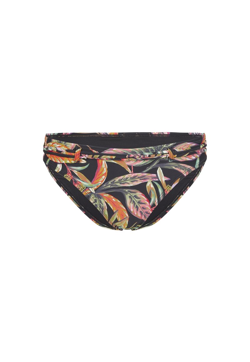 Tief geschnittene Bikinihose aus elastischem Stoff, mit einem lebhaften Blattdruck in Grün, Pink und Orange auf schwarzem Hintergrund.