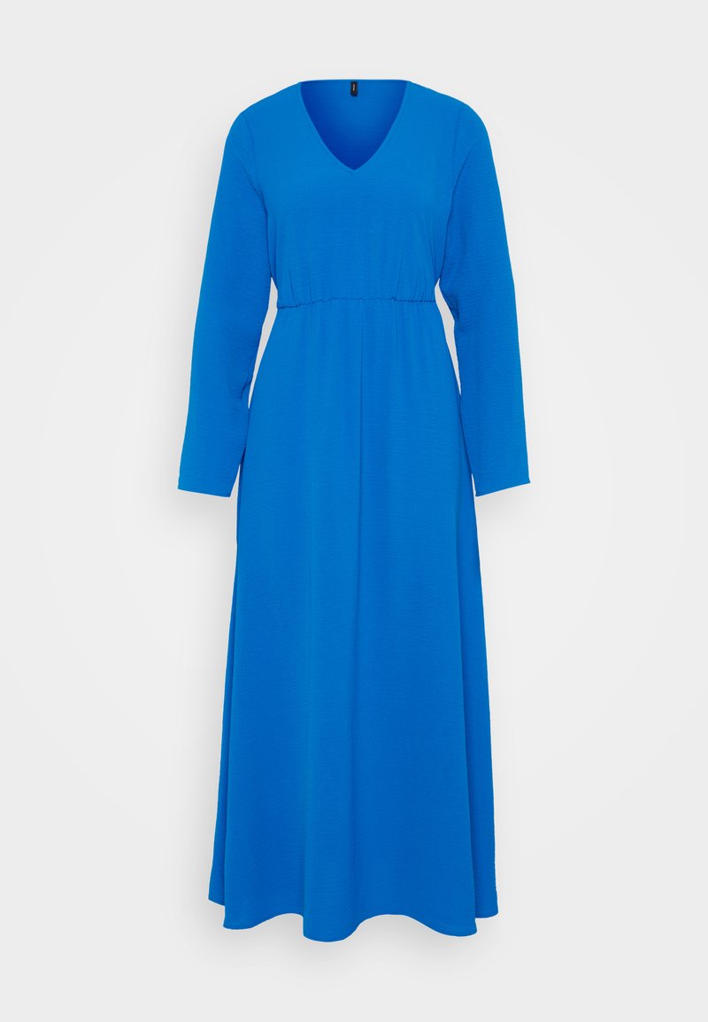 Langes blaues Kleid mit V-Ausschnitt, langen Ärmeln und einer taillierten Taille. Aus weichem Material gefertigt, fällt es in einer A-Linie.