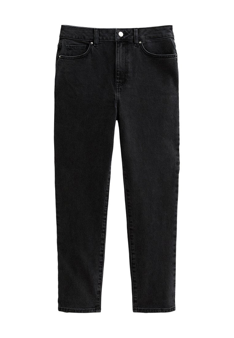 Schwarze Jeans aus Denim mit geradem Bein, fünf Taschen, vornem Knopfverschluss und dezenten Nähdetails entlang der Nähte.