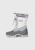 Weißer und grauer Winterstiefel mit Kunstfellmanschette, strukturiertem Stoff, Gummisohle und Schnürsystem für einen sicheren Sitz. CMP-Logo an der Seite.