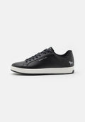 Schwarze Leder-Sneaker mit weißer Gummisohle, runder Spitze, Schnürdesign und einem Zebra-Graphic auf der Ferse. Mit dezentem Logo-Branding.