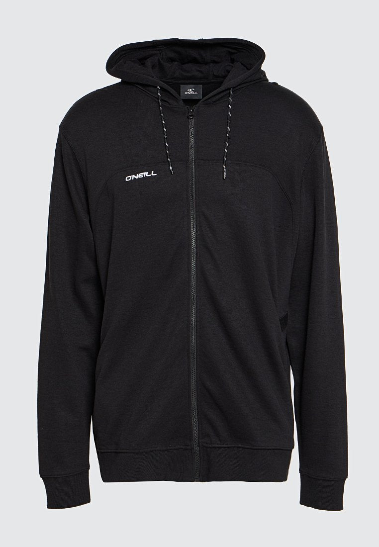 Schwarzer Full-Zip-Hoodie mit Kordelzugkapuze, gerippten Bündchen und Saum sowie weißem "O'NEILL"-Logo auf der linken Brust.
