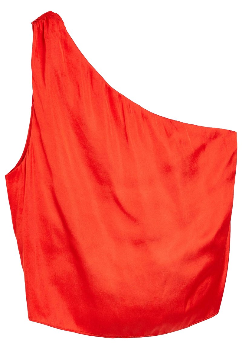 Helles rotes, einseitiges Satin-Oberteil mit lockerer Passform und gerafft Detail an der Schulternaht.
