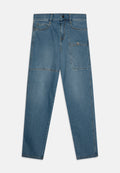 Helle blaue Denim-Jeans mit geradem Schnitt, ausgestattet mit zwei Fronttaschen, einer Gesäßtasche und Kontrastnähten entlang der Nähte.