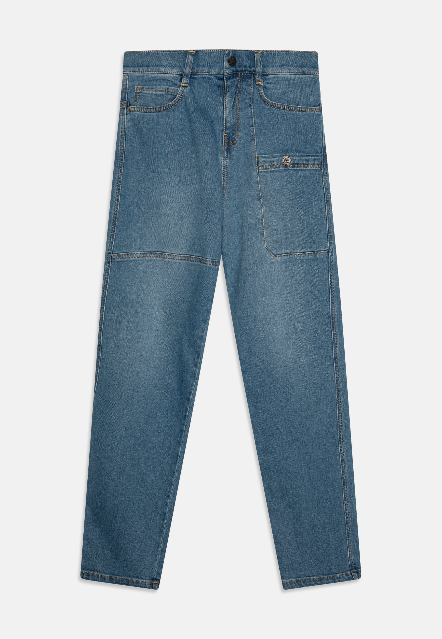 Helle blaue Denim-Jeans mit geradem Schnitt, ausgestattet mit zwei Fronttaschen, einer Gesäßtasche und Kontrastnähten entlang der Nähte.