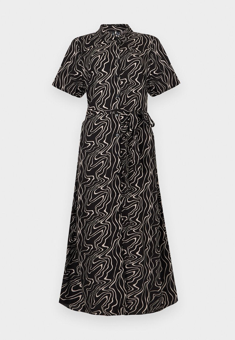 Schwarzes, kurzärmeliges Midi-Kleid mit Knopfleiste, beigen abstrakten wellenförmigen Linien und passendem Taillengürtel zum Binden.
