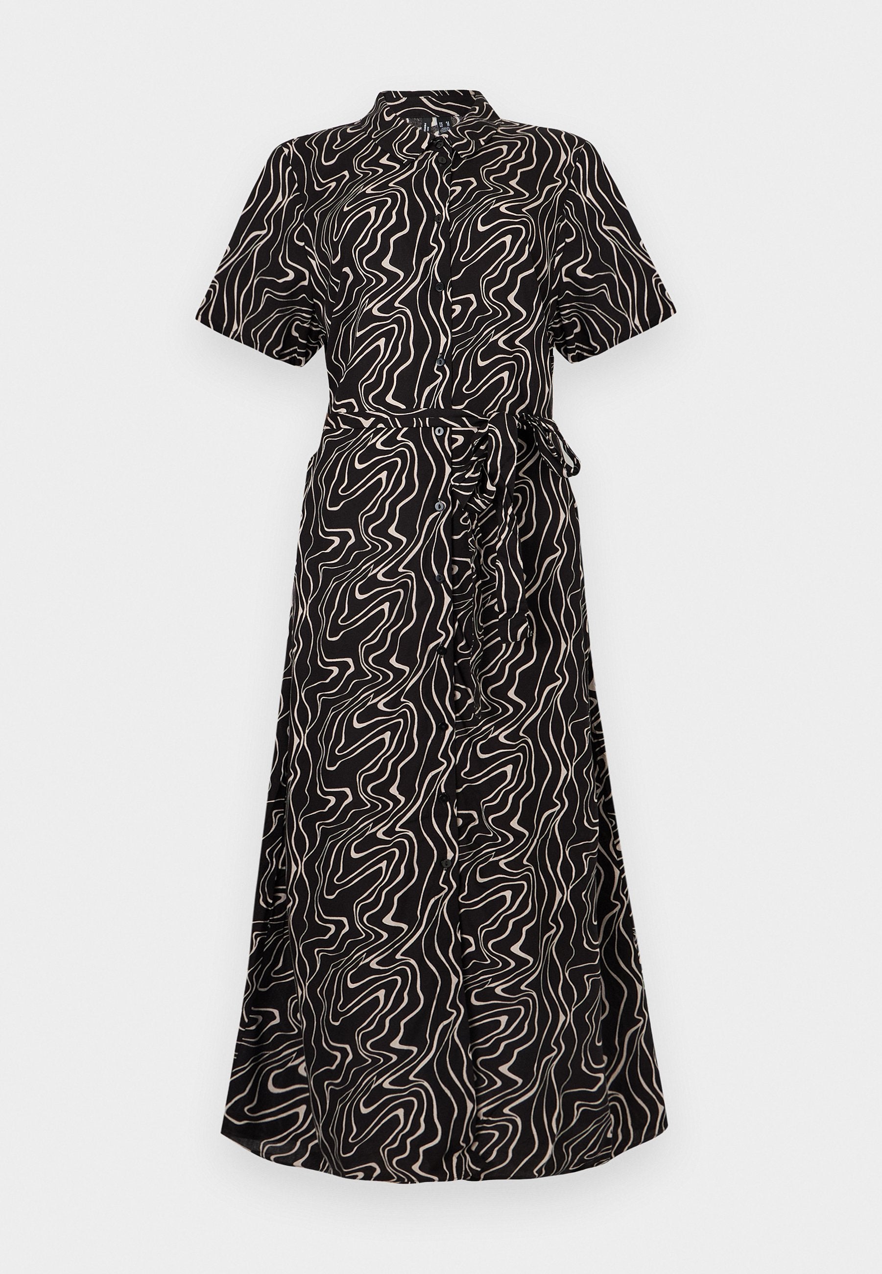 Schwarzes, kurzärmeliges Midi-Kleid mit Knopfleiste, beigen abstrakten wellenförmigen Linien und passendem Taillengürtel zum Binden.