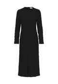 Schwarzes langärmliges Kleid aus strukturiertem Stoff mit gerader Passform, Rundhalsausschnitt und Reißverschluss hinten.