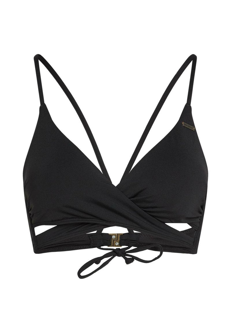 Schwarzes Bikini-Oberteil mit Wickeldesign, verstellbaren dünnen Trägern, ausgeschnittenen Seiten und einem Verschluss aus goldfarbenem Akzent am Rücken.