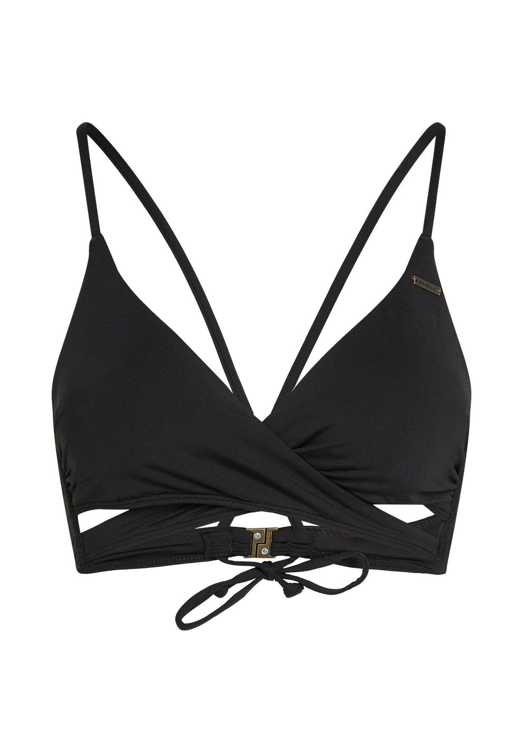 Schwarzes Bikini-Oberteil mit Wickeldesign, verstellbaren dünnen Trägern, ausgeschnittenen Seiten und einem Verschluss aus goldfarbenem Akzent am Rücken.
