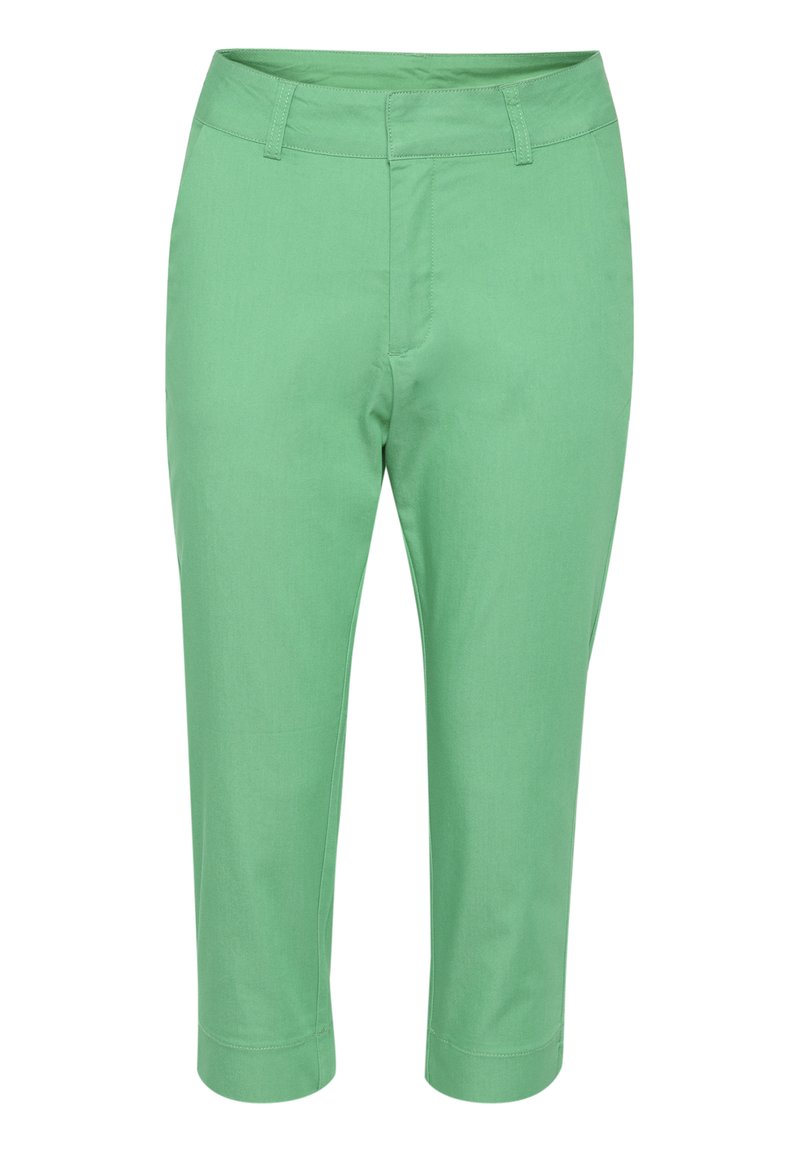 Grüne, geschnittene Hosen aus Baumwolle mit einer taillierten Taille und geradem Bein, ausgestattet mit Taschen und einer glatten Textur.