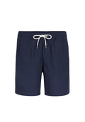 Marineblaue Badeshorts aus leichtem Stoff, mit einem elastischen Bund und weißem Kordelzug sowie einer einzelnen Seitentasche.