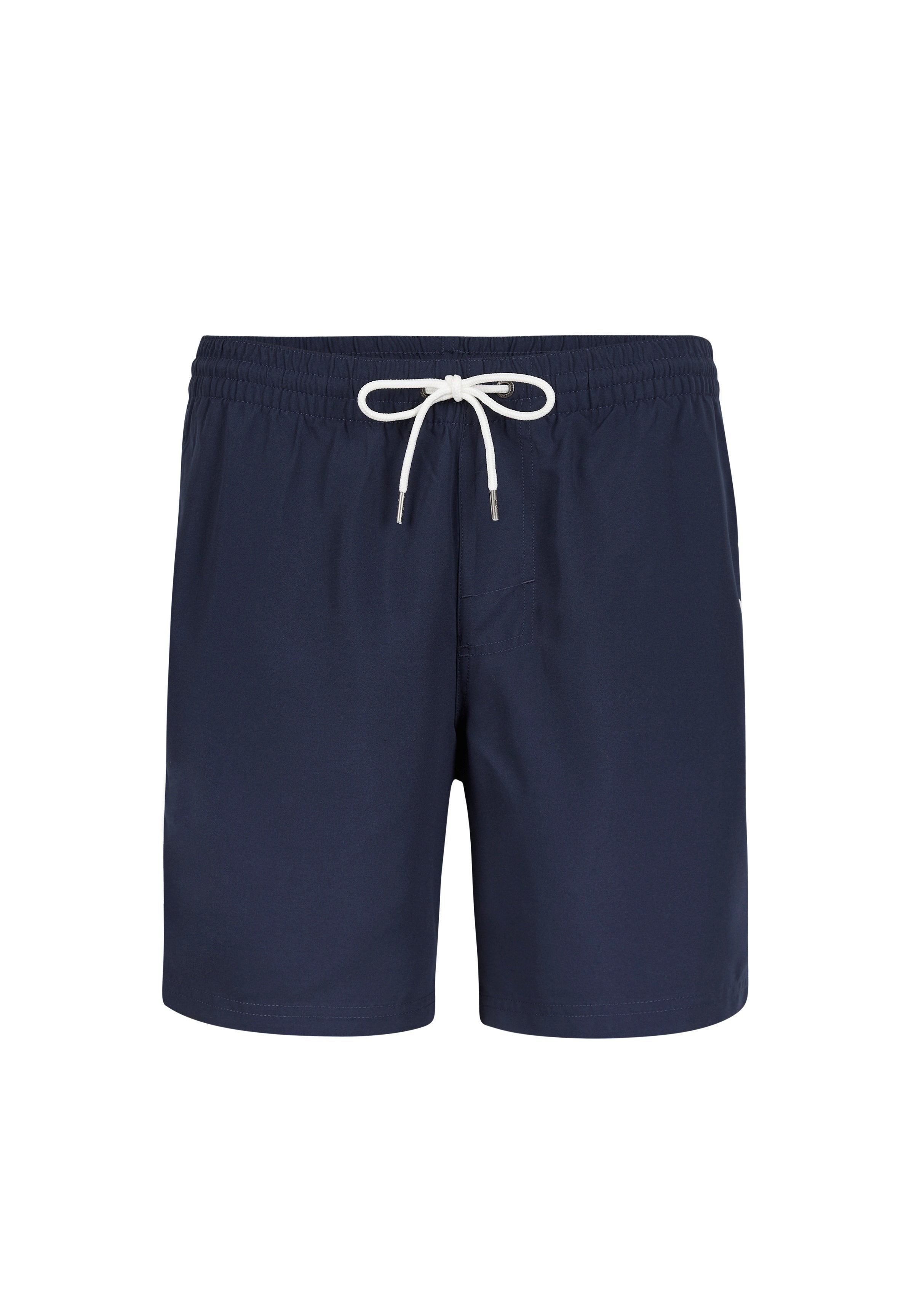Marineblaue Badeshorts aus leichtem Stoff, mit einem elastischen Bund und weißem Kordelzug sowie einer einzelnen Seitentasche.