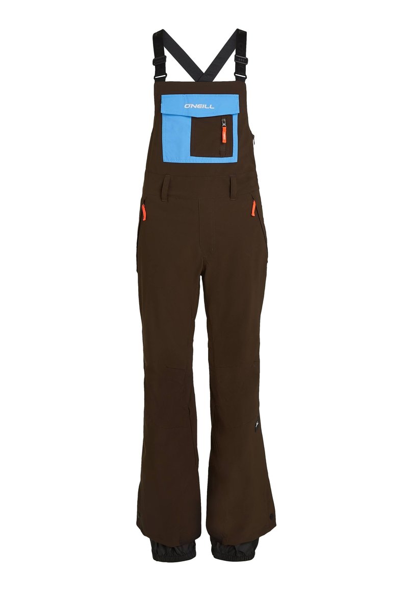Braune Skihosenträger mit verstellbaren schwarzen Trägern, blauer Brusttasche, orangefarbenen Reißverschlüssen und elastischen Bündchen an den Knöcheln für einen engen Sitz.