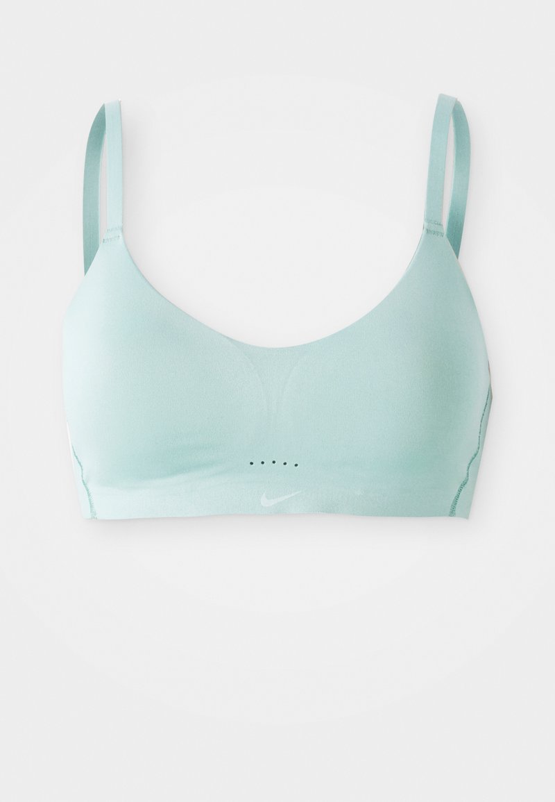 Hellblau Sport-BH mit glatter Textur, verstellbaren Trägern, geformten Cups und minimalistischem Design, das dezente Markenkennzeichnung und Belüftungspunkte aufweist.