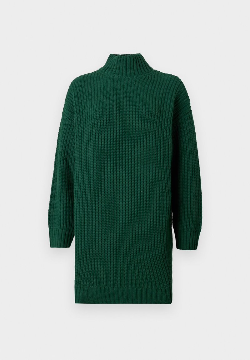 Grüner, gerippter Strickpullover mit hohem Kragen und Dreiviertelärmeln, mit lockerem Schnitt und strukturierter Stoffqualität.