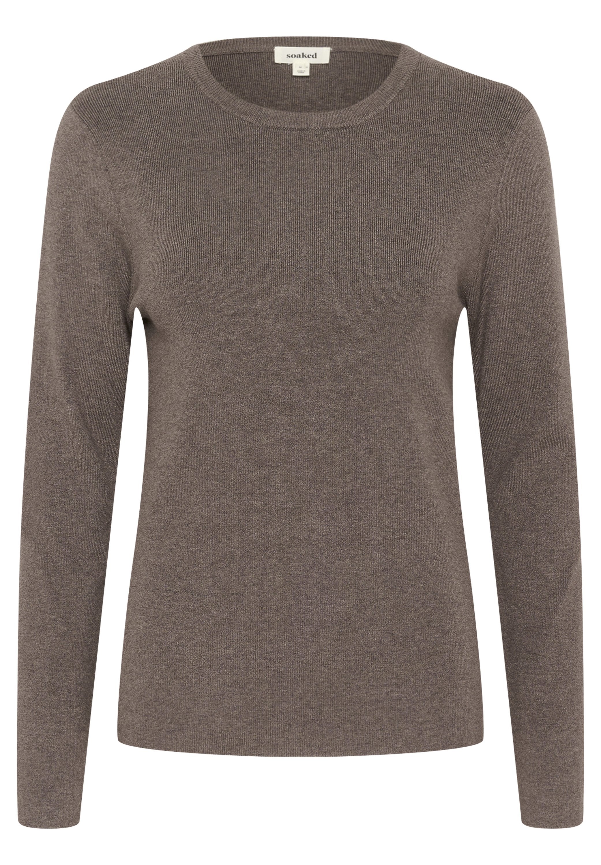 Brauner Pullover mit langen Ärmeln aus feinem Strickstoff, der über einen klassischen Rundhalsausschnitt und gerippte Bündchen verfügt. Einfaches Design ohne Muster oder Akzente.