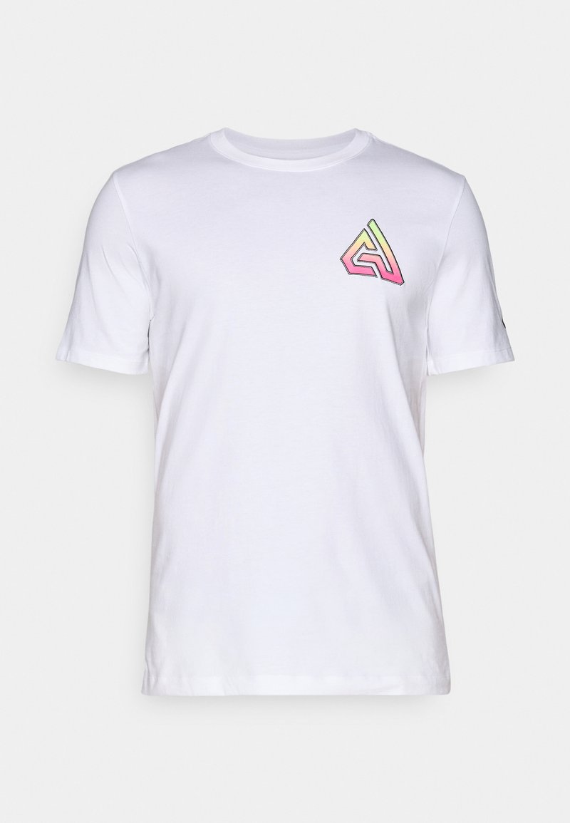Weißes Baumwoll-T-Shirt mit kurzen Ärmeln und Rundhalsausschnitt. Verfügt über ein mehrfarbiges geometrisches Logo im oberen linken Brustbereich.