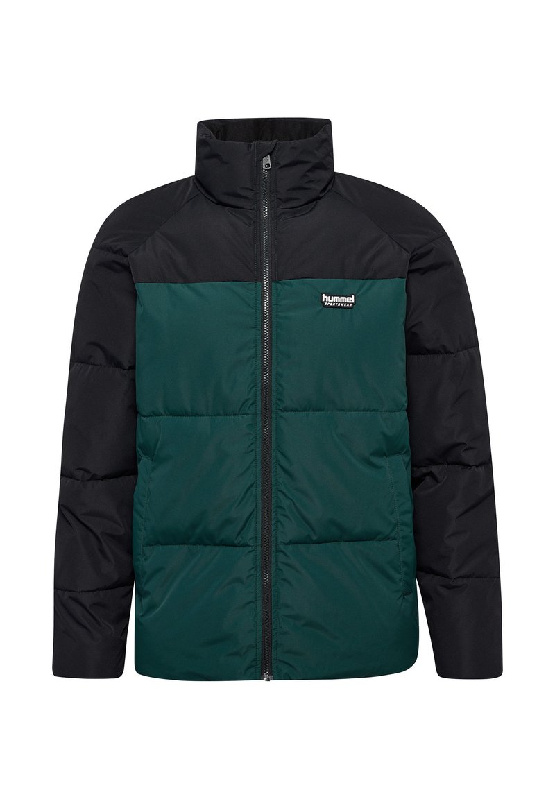 Padded Jacke mit Reißverschluss, hohem Kragen, schwarzen Schultern und einem dunkelgrünen Körper. Hergestellt aus glattem, strapazierfähigem Stoff mit Logo-Details.
