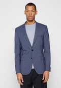 Marineblauer karierter Blazer aus leichtem Stoff, einreihig mit zwei Vordertaschen, Revers mit Kerbe und schwarzen Knöpfen.