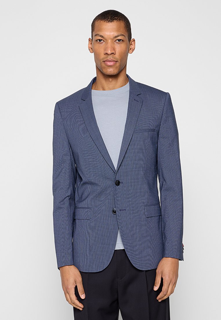 Marineblauer karierter Blazer aus leichtem Stoff, einreihig mit zwei Vordertaschen, Revers mit Kerbe und schwarzen Knöpfen.