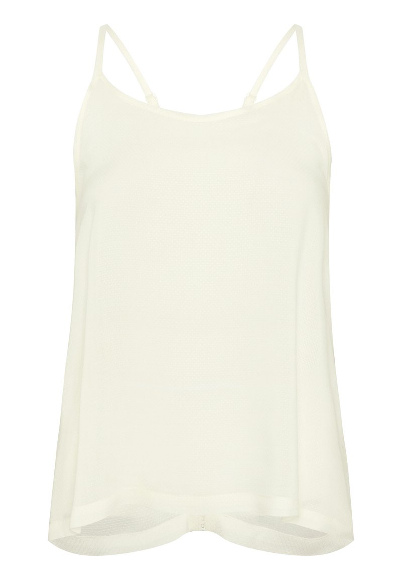 Weißes ärmelloses Damen-Camisole-Oberteil mit verstellbaren dünnen Trägern, aus leichtem, leicht strukturiertem Stoff.