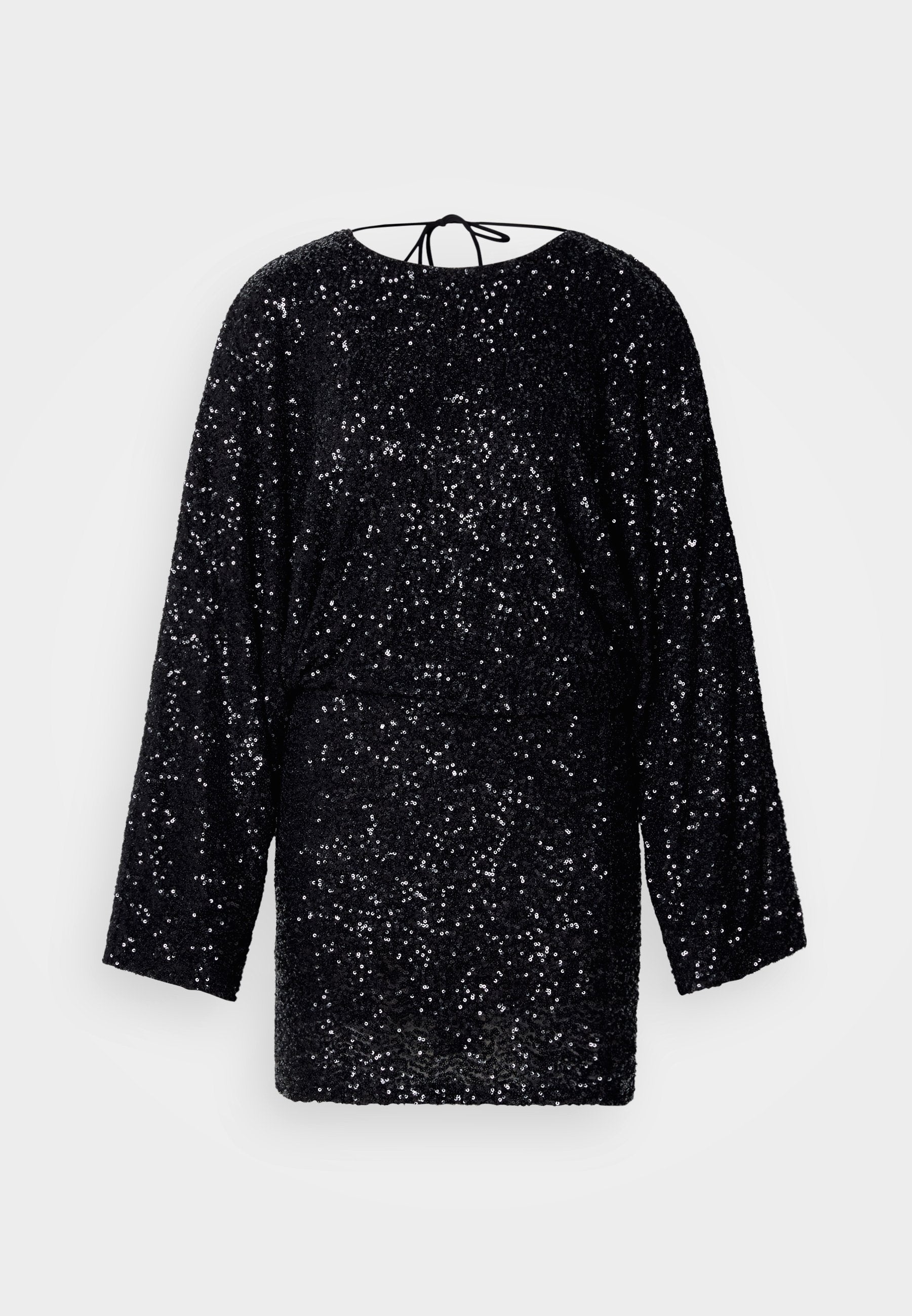 Schwarzes, langärmeliges Kleid, das mit Pailletten bedeckt ist, mit einem runden Ausschnitt und einer Schleife am Rücken. Lockerer Schnitt mit glatter Textur.