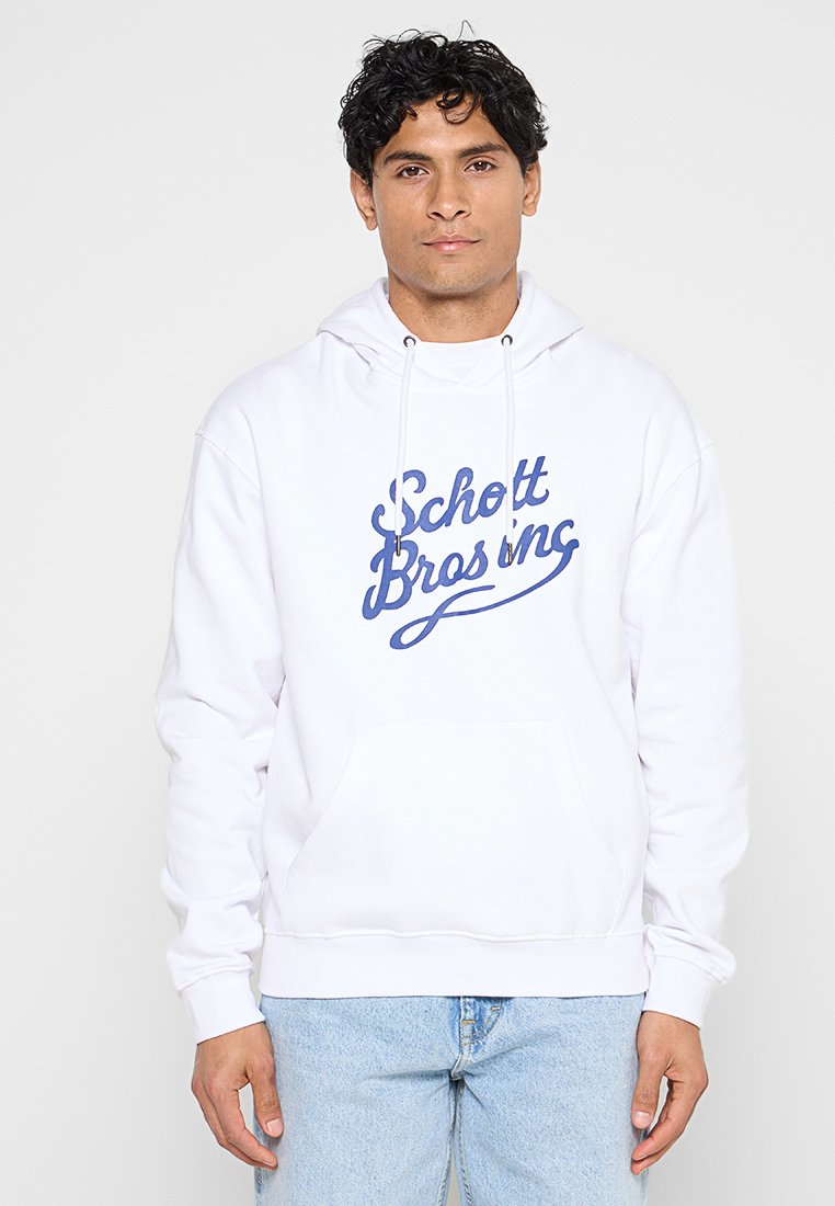 Weißer Kapuzenpullover aus Baumwolle mit einer Fronttasche, versehen mit einem blauen Schriftzug "Schott Bros" auf der Brust und verstellbaren Kordeln.