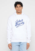 Weißer Kapuzenpullover aus Baumwolle mit einer Fronttasche, versehen mit einem blauen Schriftzug "Schott Bros" auf der Brust und verstellbaren Kordeln.