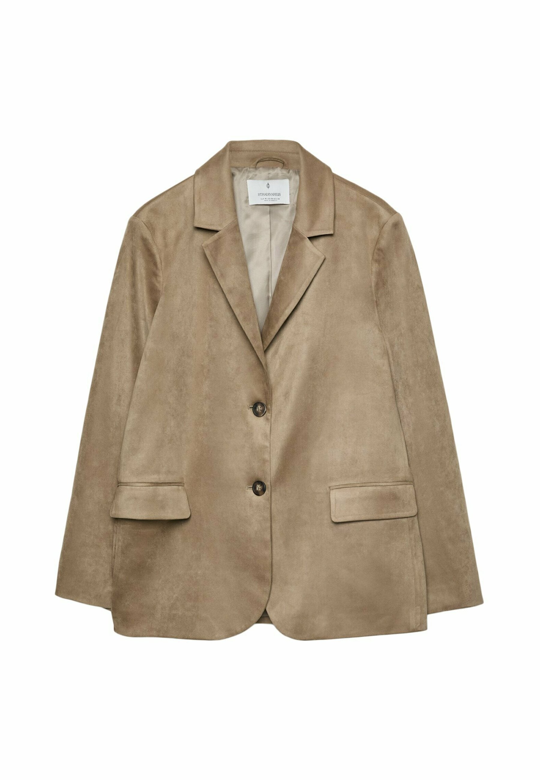 Beige Kunstsuede-Blazer mit taillierter Silhouette, Reverskragen, zwei Vordertaschen und einer Zwei-Knopf-Verschluss. Glatte Textur.