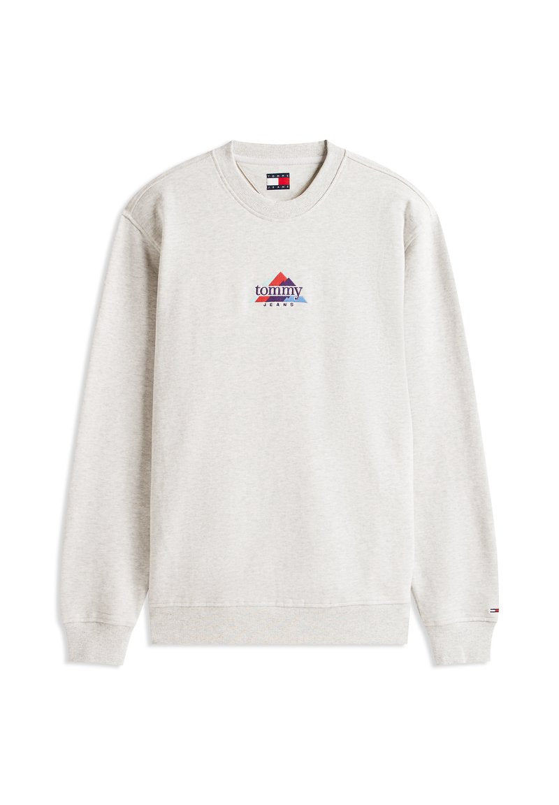 Hellgrauer Pullover mit Rundhalsausschnitt, gerippten Bündchen und Saum, zeigt ein buntes Dreieck-Logo mit den Aufdrucken "tommy" und "JEANS" darunter.