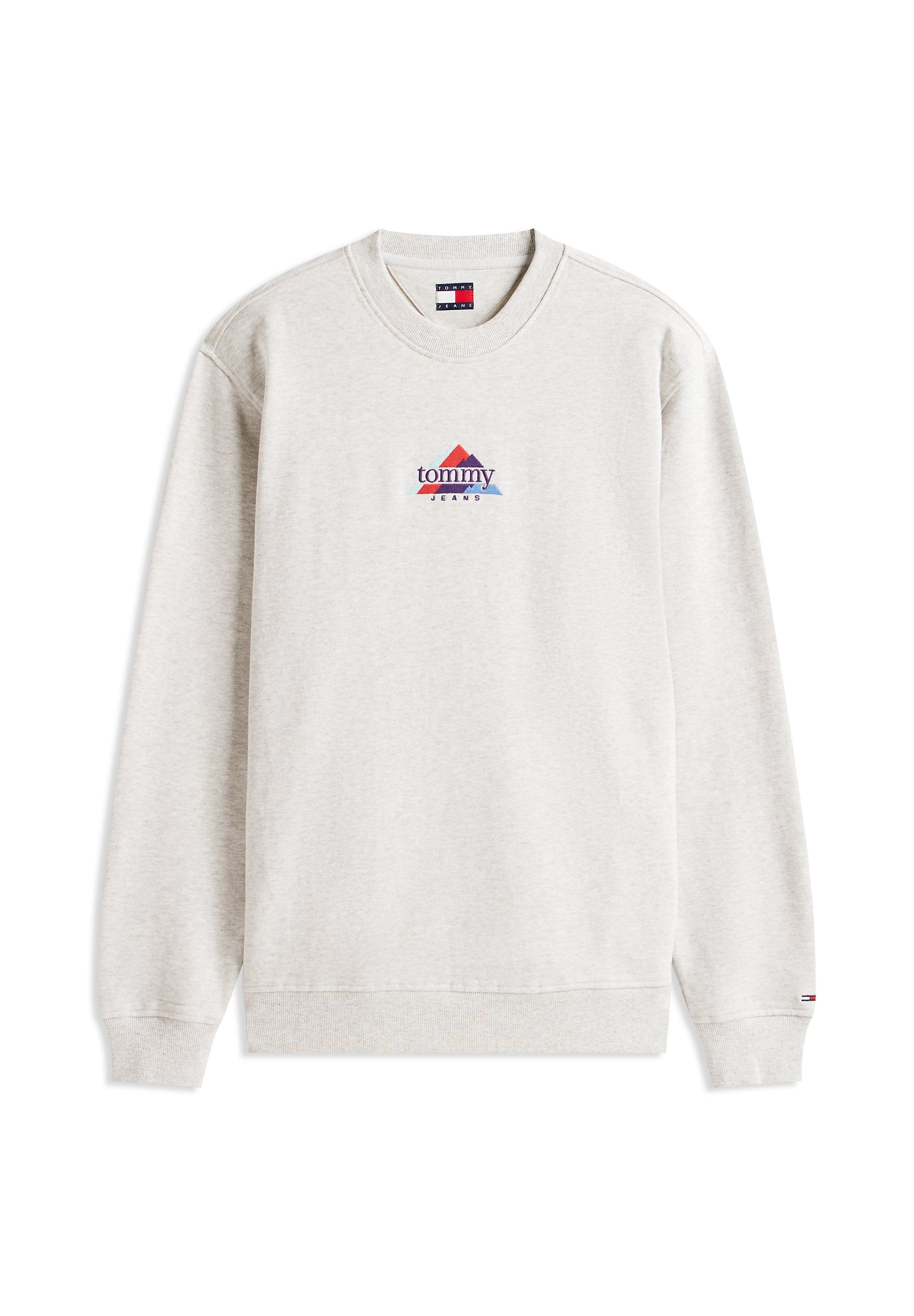 Hellgrauer Pullover mit Rundhalsausschnitt, gerippten Bündchen und Saum, zeigt ein buntes Dreieck-Logo mit den Aufdrucken "tommy" und "JEANS" darunter.
