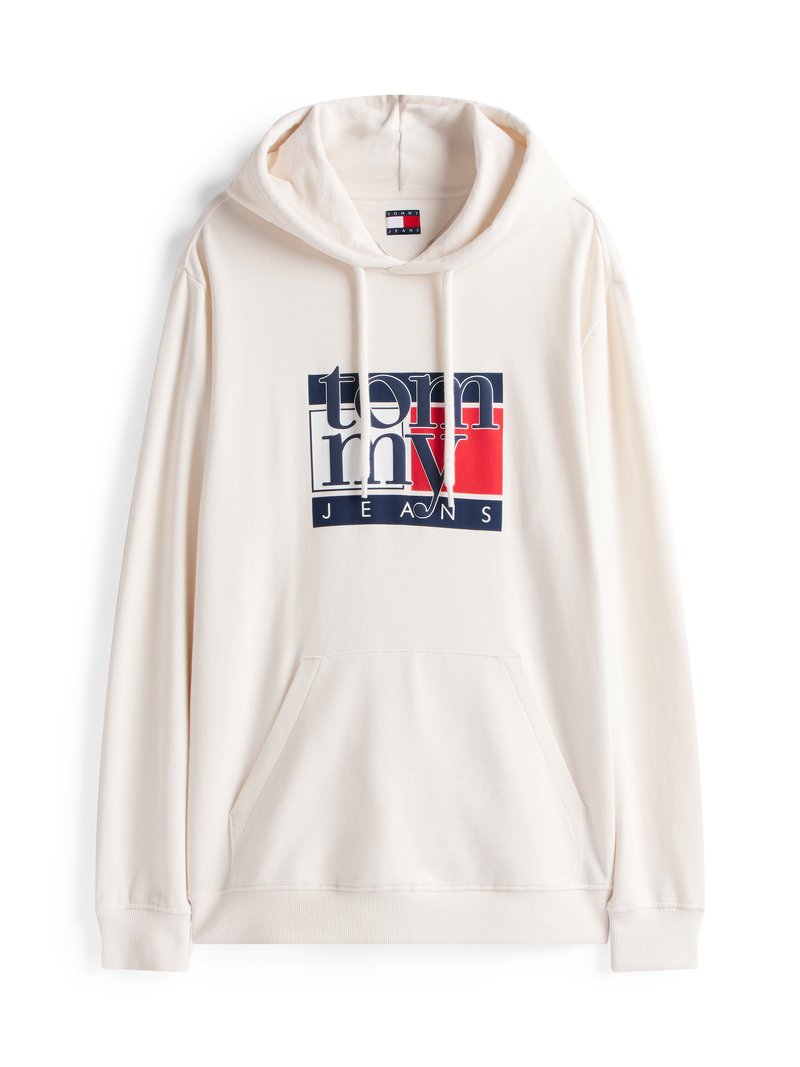 Cremfarbener Hoodie aus weichem Stoff. Hat eine Fronttasche, eine Kapuze mit Kordelzug und ein Logo mit marineblauen und roten Akzenten auf der Brust.