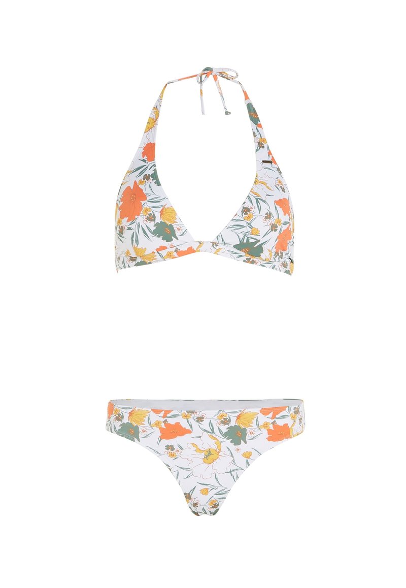 Weißes Floral-Bikini-Set mit orangefarbenen und grünen Blumenmustern. Das Oberteil hat ein Halterneck-Design; der Höschen ist im Low-Rise-Stil. Weicher Stoff. 