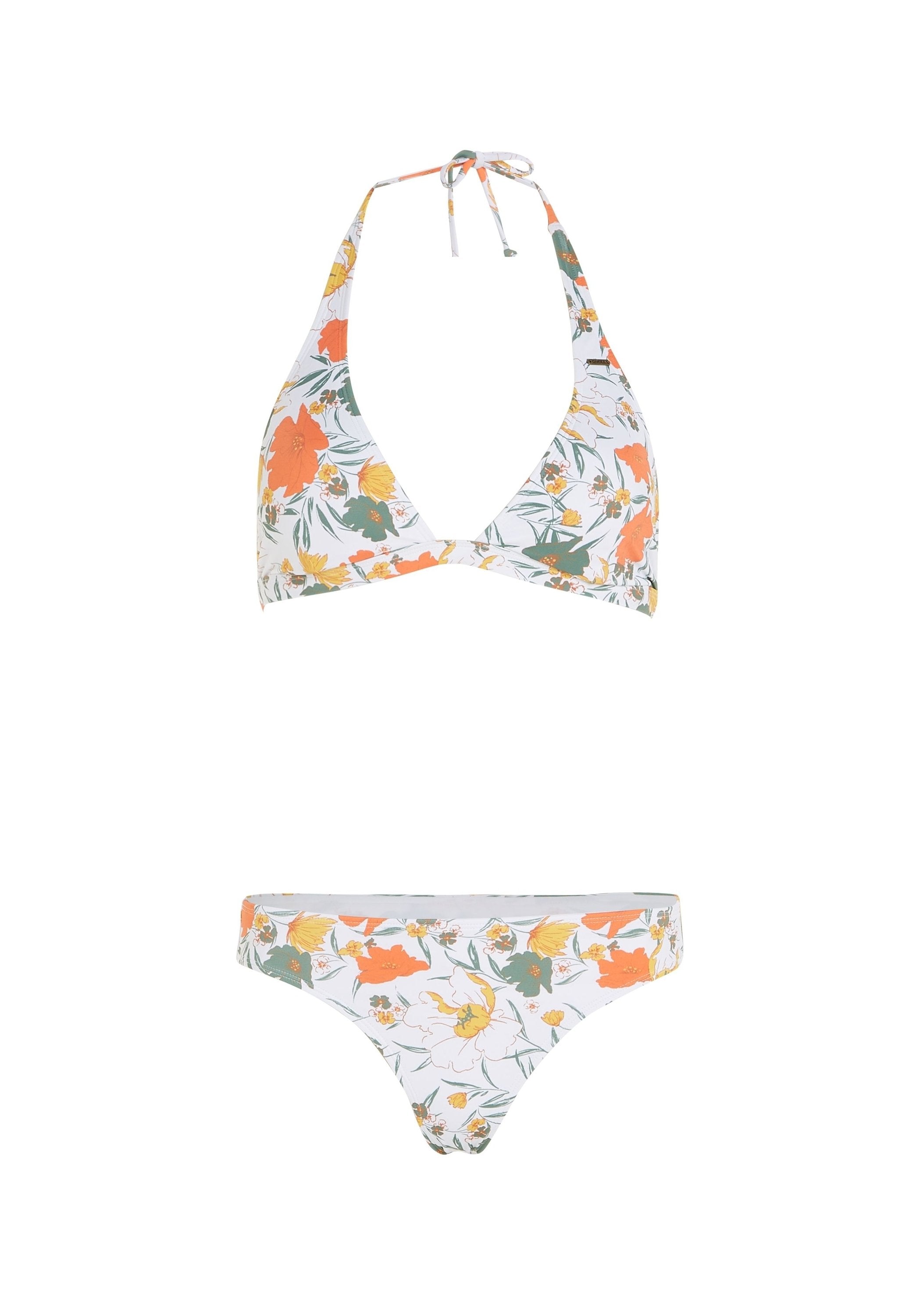 Weißes Floral-Bikini-Set mit orangefarbenen und grünen Blumenmustern. Das Oberteil hat ein Halterneck-Design; der Höschen ist im Low-Rise-Stil. Weicher Stoff. 