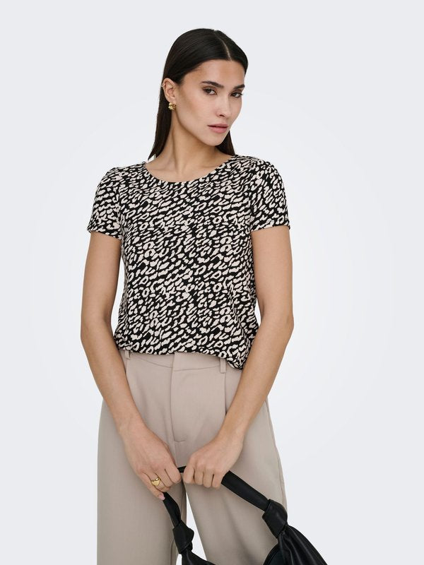 ONLY BERA BACK LACE UP TO RUNDHALS - Print T-shirt - schwarz/beige