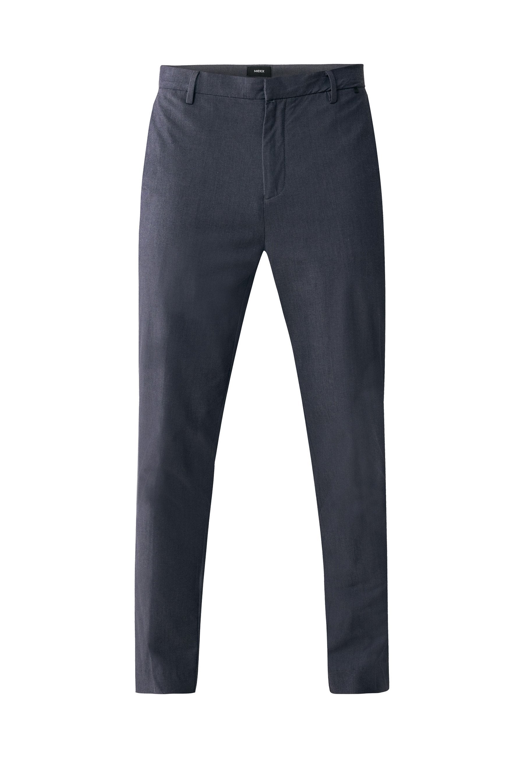 Dunkelgraue Slim-Fit-Hosen für Herren mit Gürtelschlaufen, frontseitigem Reißverschluss und flacher Front, auf einem weißen Hintergrund präsentiert.
