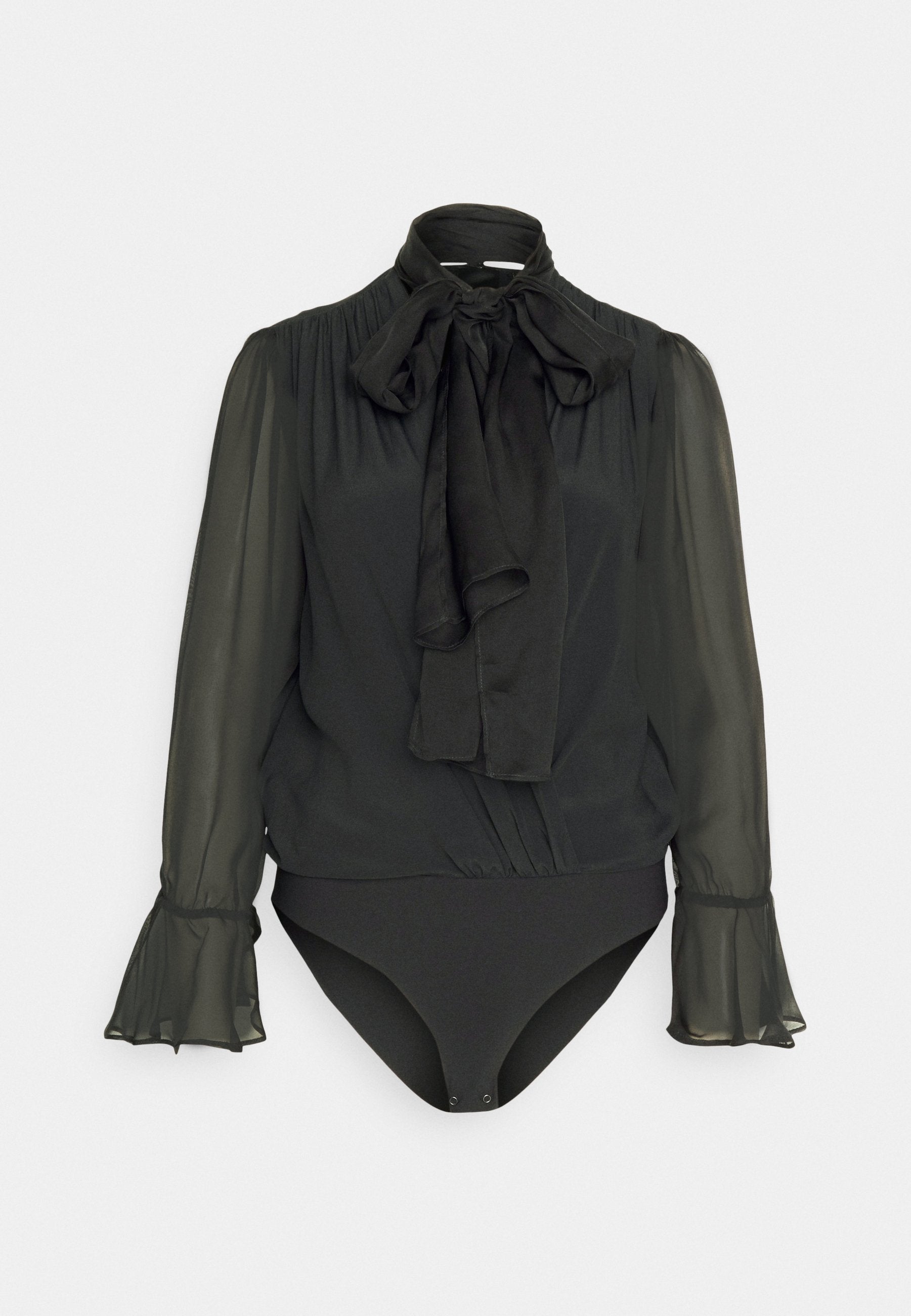 Schwarzer Body mit transparenten langen Ärmeln, hohem Kragen und Schleifen-Detail. Verfügt über eingeschnittene Manschetten und ein tailliertes Oberteil mit Druckknopfverschlüssen.