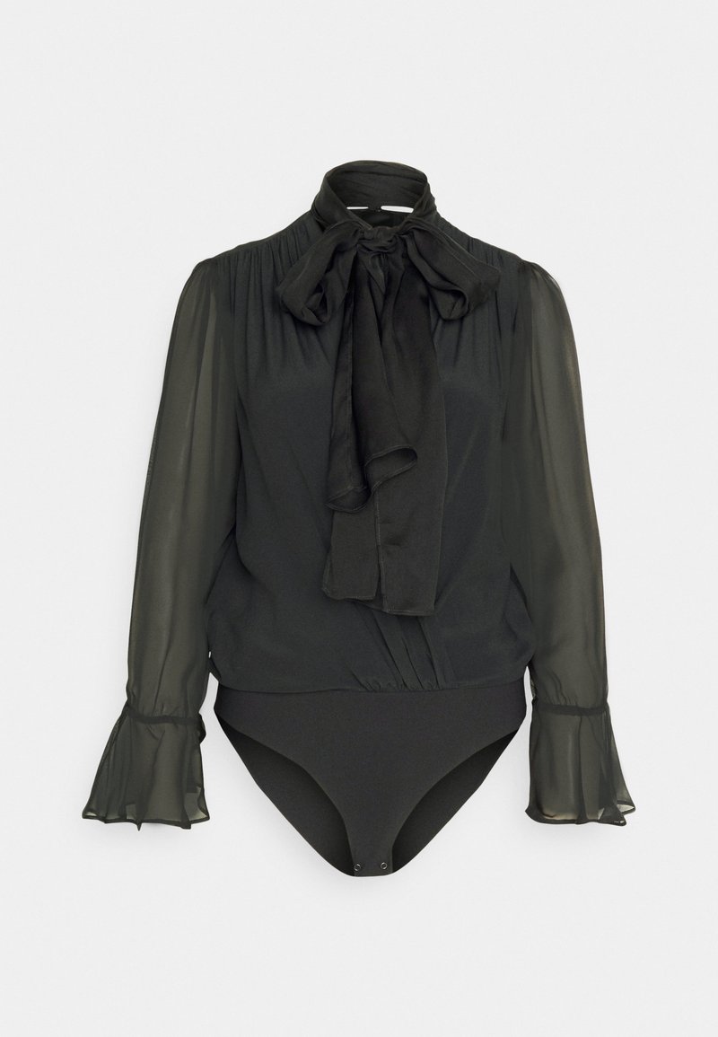 Schwarzer Body mit transparenten langen Ärmeln, hohem Kragen und Schleifen-Detail. Verfügt über eingeschnittene Manschetten und ein tailliertes Oberteil mit Druckknopfverschlüssen.