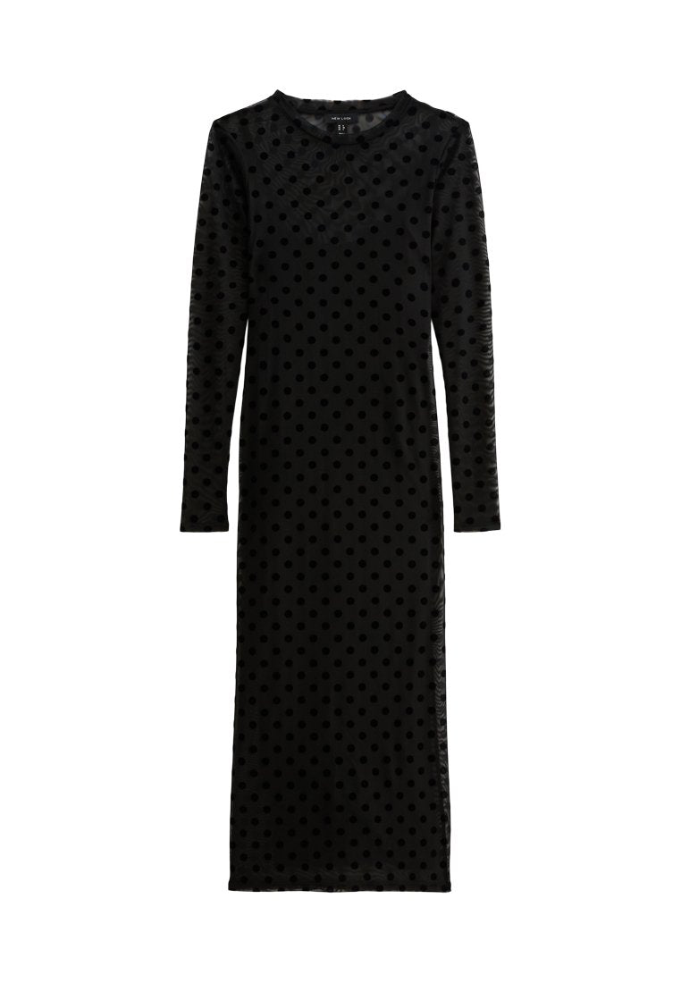 Langes schwarzes Samtkleid mit rundem Ausschnitt und langen Ärmeln, verziert mit erhabenen schwarzen Punkten auf dem gesamten Stoff.