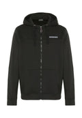Schwarzer Kapuzenpullover mit Reißverschluss, langen Ärmeln, Kängurutaschen, Kordelzugkapuze und kontrastierendem Logo auf der linken Brust. Weicher, strukturierter Stoff.