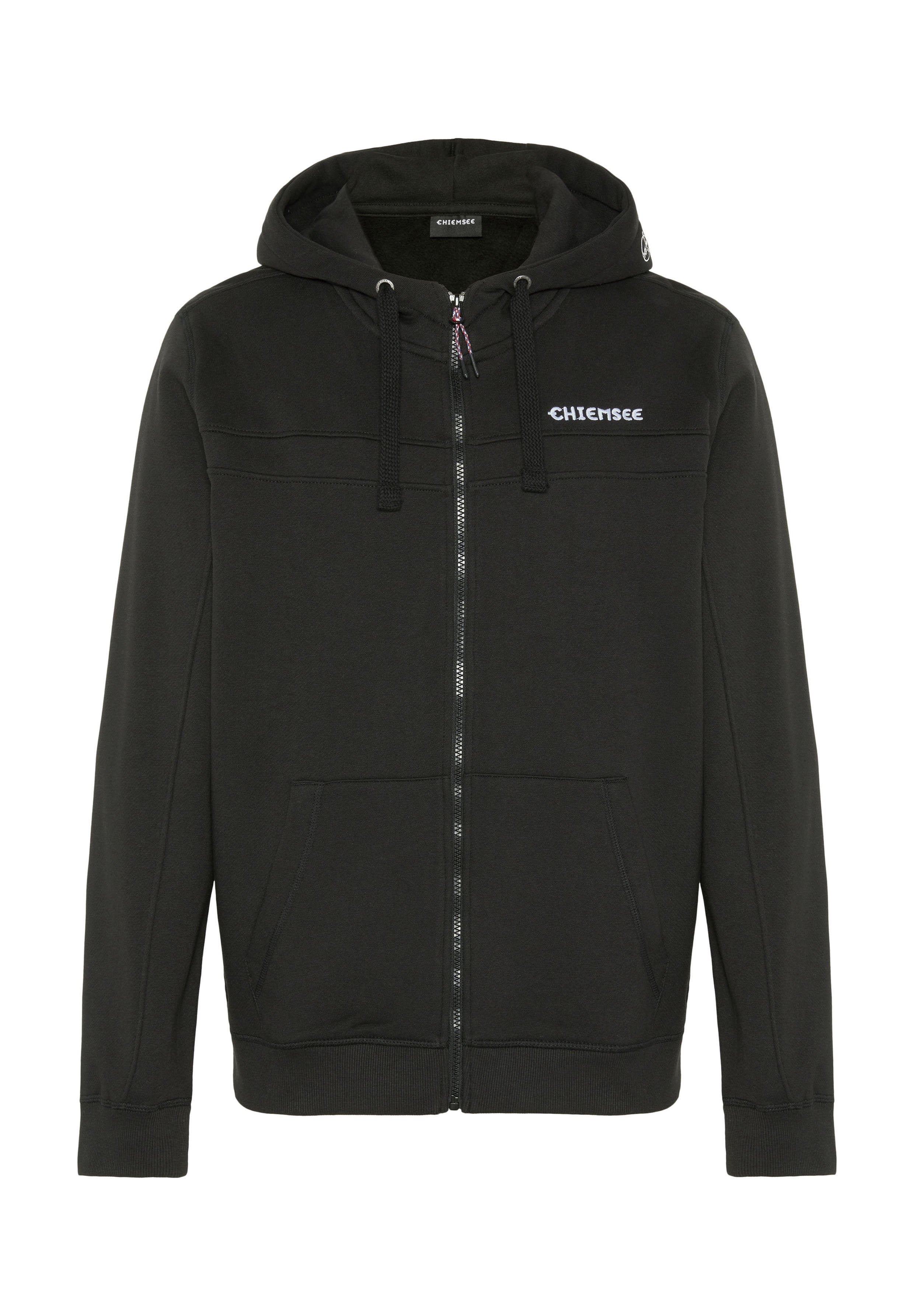 Schwarzer Kapuzenpullover mit Reißverschluss, langen Ärmeln, Kängurutaschen, Kordelzugkapuze und kontrastierendem Logo auf der linken Brust. Weicher, strukturierter Stoff.