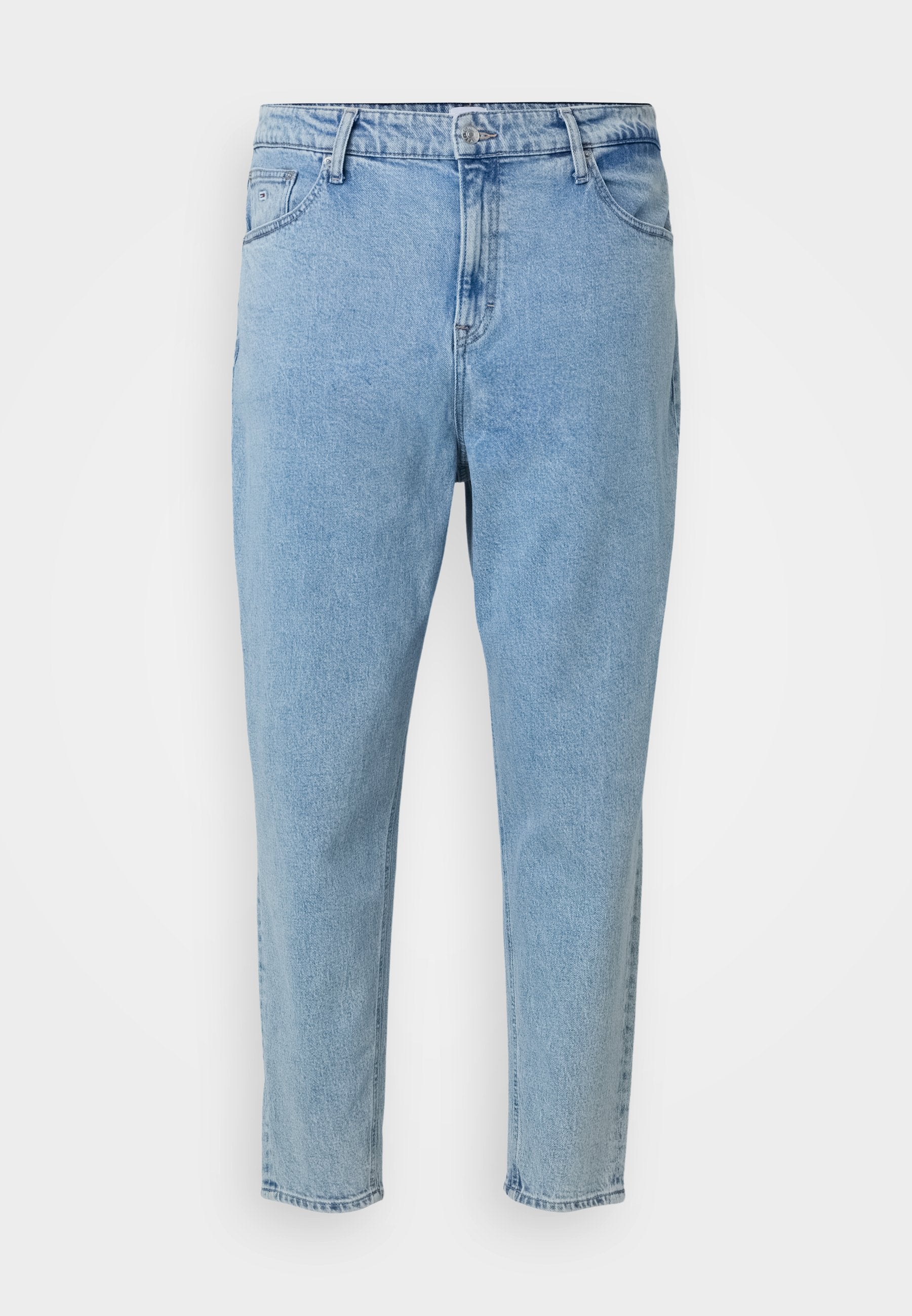 Hellblaue Jeans aus Denim mit geradem Schnitt, Fünf-Taschen-Design, mittlerer Taille und leichter Verfärbung am Saum.