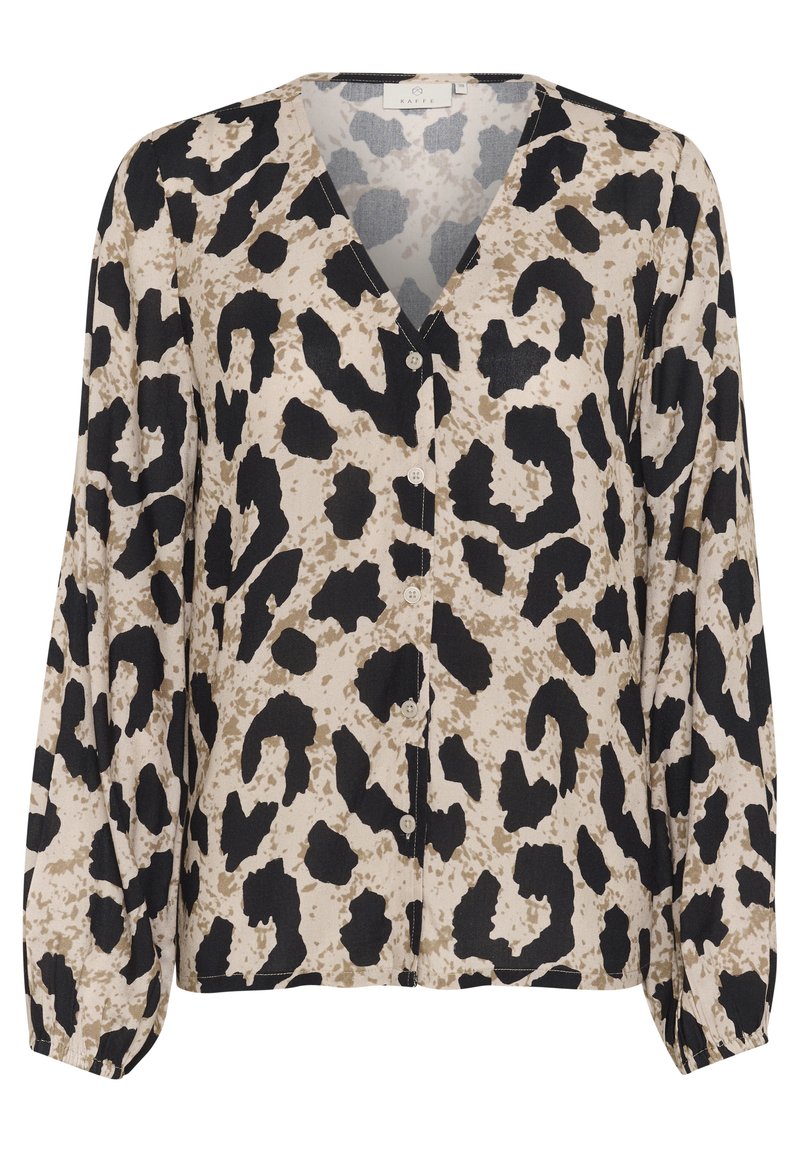 Hemdbluse aus leichtem Stoff, mit beigem Hintergrund und schwarzem sowie braunem Animal-Print, V-Ausschnitt und langen, schmal zulaufenden Ärmeln.