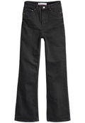 Hochtaillierte schwarze angesagte Jeans aus Denim, ausgestattet mit fünf Taschen, kupferfarbener Hardware und kontrastierenden Nähten entlang der Säume.