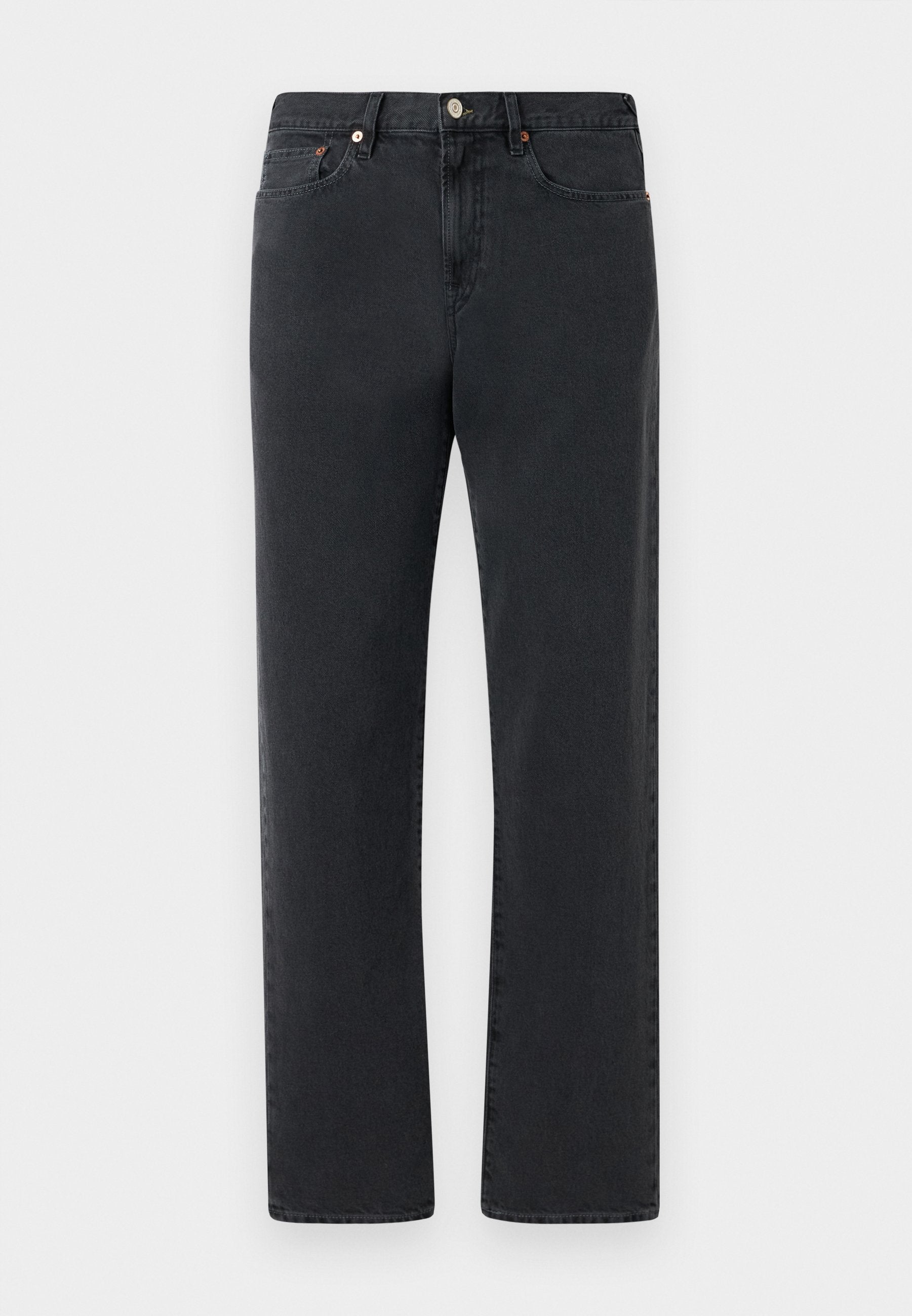 Schwarze Jeans aus Denim mit geradem Bein, fünf Taschen und Metallelementen. Der Stoff hat eine glatte, leicht strukturierte Oberfläche.