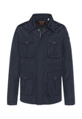 Marineblaues Jacket mit einem Kragen, zwei Brusttaschen und zwei unteren Taschen. Aus glattem Stoff mit einem Reißverschluss vorne und Knopfakzenten gefertigt.