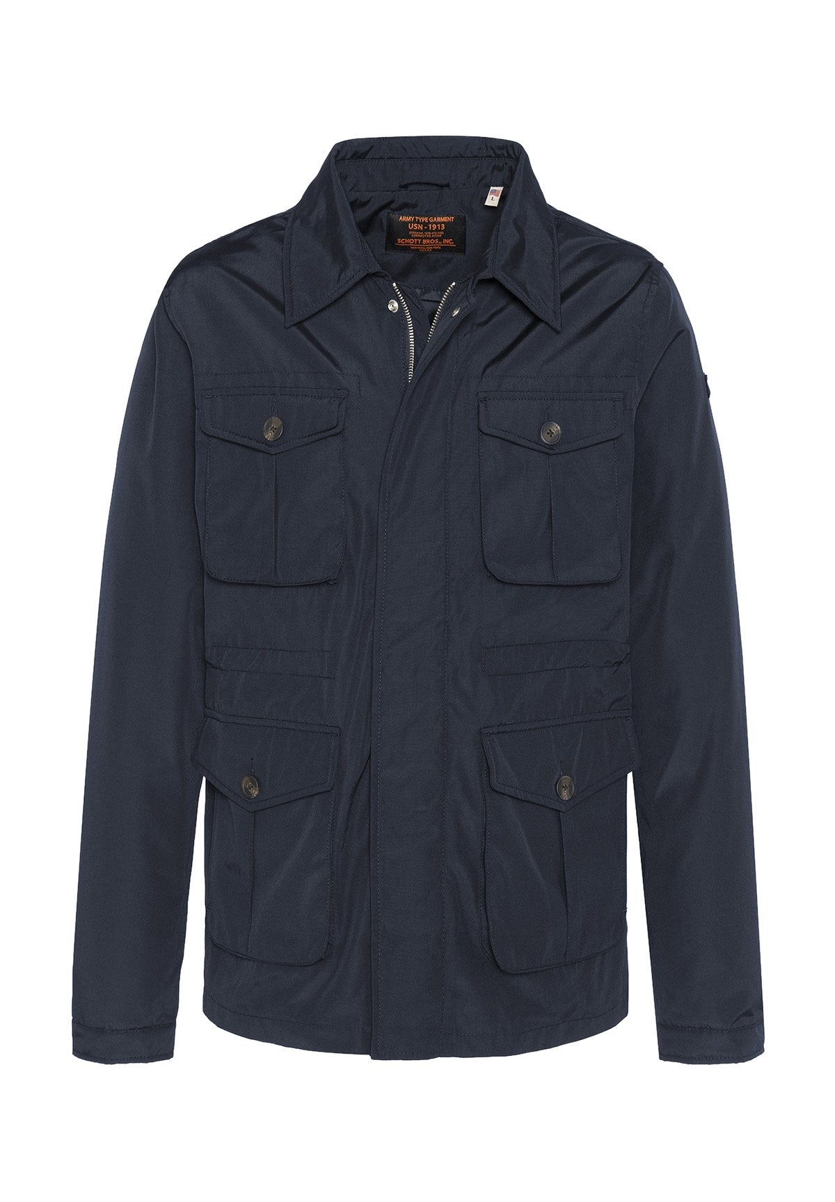 Marineblaues Jacket mit einem Kragen, zwei Brusttaschen und zwei unteren Taschen. Aus glattem Stoff mit einem Reißverschluss vorne und Knopfakzenten gefertigt.